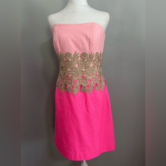 Lilly Pulitzer Women’s Size 6 Strapless Pink Gold Lace Overlay Cocktail Dress - Picture 1 of 5